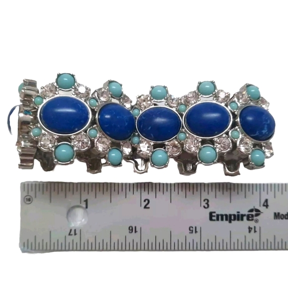 Lia Sophia Lapis Blue Turquoise Crystal Stone Stretch Chunky Statement Bracelet - Picture 2 of 5